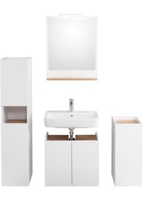 Badm&ouml;bel-Set SAPHIR "Quickset 947 4-teilig, Waschbeckenunterschrank mit Spiegel", wei&szlig; (wei&szlig; glanz, riviera eiche quer nachbildung), Kastenm&ouml;bel-Sets, Badm&ouml;bel-Set, Unterschrank, Midischrank, 5 T&uuml;ren, inkl. T&uuml;rd&auml;mpfer, Wei&szlig; Glanz