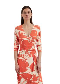 Marc O'Polo Druckkleid MARC O'POLO, Damen, Gr. XS, N-Gr, orange (orange bedruckt), Obermaterial: 95% Viskose, 5% Elasthan, bedruckt, slim fit kniebedeckend, V-Ausschnitt, Kleider Druckkleid, in Wickel-Optik