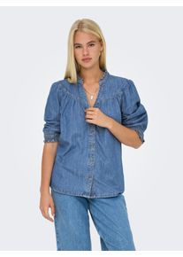 Jeansbluse Only "ONLRAYA 3/4 SHIRT DNM AKM NOOS", Damen, Gr. XL, medium blau denim, Denim/Jeans, Obermaterial: 100% Baumwolle, unifarben, regular fit h&uuml;ftlang, V-Ausschnitt, Blusen Jeansbluse, mit R&uuml;schenkragen