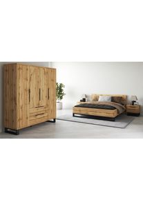 Schlafzimmer-Set Home Affaire "Bronne,Komplettschlafzimmer (Set,4-St)", braun (wotan eiche), B:188cm H:93,5cm T:208,5cm, Dekorfolie, Holzwerkstoff, Metall, Schlafzimmerm&ouml;bel-Sets, Schlafzimmer-Set, Schlafzimmer-Set, Schrank 191cm breit, 2xNachtische, Bett180/200cm