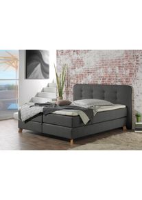 Boxspringbett Home Affaire "Cecina", grau (anthrazit), B:222cm L:210cm, Struktur fein (100% Polyester), Komplettbetten, Boxspringbett, in 5 Breiten, 3 Ausf&uuml;hrungen, 2 H&auml;rtegrade, Knopfheftung, Topper