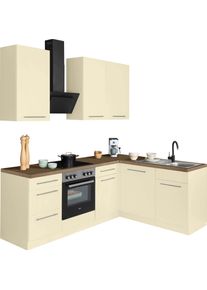 Wiho-K&uuml;chen Winkelk&uuml;che WIHO K&Uuml;CHEN "Unna", gelb (k&uuml;che: gelb, korpus: magnoliafarben, arbeitsplatte: eiche tabak nachbildung), B:220cm T:170cm, Komplettk&uuml;chen-Sets, Winkelk&uuml;che, ohne E-Ger&auml;te, Stellbreite 220 x 170 cm