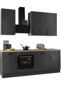 Wiho-K&uuml;chen K&uuml;chenzeile WIHO K&Uuml;CHEN "Simi", wahlweise mit E-Ger&auml;ten, mit verstellbaren F&uuml;&szlig;en", grau (k&uuml;che: grau, korpus: anthrazit, arbeitsplatte: san remo eichefarben), B:220cm T:60cm, Komplettk&uuml;chen-Sets, K&uuml;chenzeile, Soft-Close-Funktion in Schubk&auml;sten und Ausz&uuml;gen, Breite 220 cm