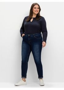 Stretch-Jeans sheego, Damen, Gr. 52, Normalgr&ouml;&szlig;en, blau (dunkelblau denim), 74% Baumwolle, 22% Polyester, 3% Viskose, 1% Elasthan, unifarben, lang, Jeans Stretch-Jeans