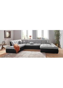 Wohnlandschaft DOMO collection "PB MORIC wahlweise mit Bettfunktion und Armteilverstellung U-Form", schwarz (schwarz, wei&szlig;, grau, grau), B:353cm H:80cm T:95cm, Zierkissen: Struktur (90% Polyester, 10% Polyacryl);Microfaser PRIMABELLE (100% Polyester) / Struktur (90% Polyester, 10% Polyacryl);Kunstleder SOFTLUX / Struktur (90% Polyester, 10% Polyacryl), Sofas, Wohnlandschaft, XXL-Format B/T/H: 353/