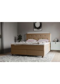 Boxspringbett Home Affaire "Alenika", braun (sandbraun), B:181cm L:208cm, 100% Polyester, Komplettbetten, Boxspringbett, mit LED - Beleuchtung, mit Taschen-Federkernmatratze