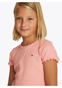 T-Shirt Tommy Hilfiger "ESSENTIAL RIB TOP mit Babylock-Kanten und Stickerei", M&auml;dchen, Gr. 12 (152), rosa (coral ice), Rippware, Obermaterial: 95% Baumwolle, 5% Elasthan, unifarben, normal h&uuml;ftlang, Rundhals, Rollkante, Shirts T-Shirt, unifarben, casual, regular fit, Baumwollmix, Rundhals