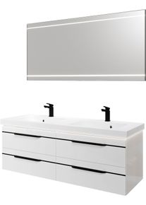 Badm&ouml;bel-Set SAPHIR "Balto 2-teilig Mineralmarmor-Doppelwaschtisch mit LED-Spiegel", wei&szlig; (wei&szlig; hochglanz mit schwarzer einlage), B:150cm H:200cm T:50,8cm, Holzwerkstoff, Kastenm&ouml;bel-Sets, Badm&ouml;bel-Set, Waschplatz 150 cm breit, 4 Schubladen, inkl. Schubladend&auml;mpfer