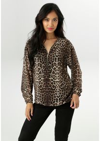 Chiffonbluse Aniston SELECTED, Damen, Gr. 46, schwarz (braun, beige, schwarz, gold), Chiffon, Obermaterial: 100% Polyester. Futter: 95% Viskose, 5% Elasthan, gemustert, figurumspielend h&uuml;ftbedeckend, V-Ausschnitt, mit Gummizug, Blusen Chiffonbluse, mit goldfarbenen Rei&szlig;verschluss am Ausschnitt