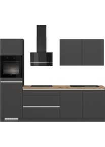 K&uuml;chenzeile IMPULS K&Uuml;CHEN "Dublin", Anti Fingerprint Oberfl&auml;che, Schubk&auml;sten mit Soft-Close", grau (k&uuml;che: grau, front: grafit, korpus: grafit, arbeitsplatte: vintage eiche, nachbildung), B:280cm H:222cm T:60cm, Komplettk&uuml;chen-Sets, K&uuml;chenzeile, vormontiert, wahlweise mit E-Ger&auml;ten, mit Vollauszug, Breite 280 cm