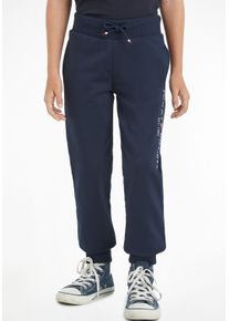 Sweathose Tommy Hilfiger "ESSENTIAL SWEATPANTS", Jungen, Gr. 4/104, N-Gr, blau (marine), Sweatware, Obermaterial: 100% Baumwolle, bedruckt, Basic, Basic schmal normal, Hosen Sweathose, Kinder Kids Junior MiniMe