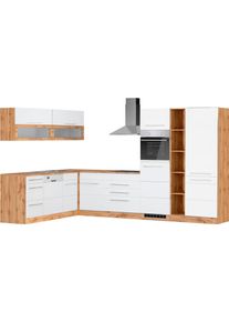 Winkelk&uuml;che KOCHSTATION "KS-Wien", wei&szlig; (k&uuml;che: wei&szlig;, front: wei&szlig;, korpus: wotaneichefarben, arbeitsplatte: wotaneichefarben), B:220cm H:200cm T:340cm, Komplettk&uuml;chen-Sets, Winkelk&uuml;che, Stellbreite 220 x 340 cm, wahlweise mit E-Ger&auml;ten