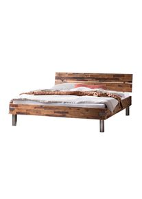 Bettgestell Hasena "Duno", braun (braun, silbern, braun), B:166cm H:87cm L:216cm, Betten, Bettgestell, Akazie massiv, mit Massivholzkopfteil, zwei verschiedene Liegeh&ouml;hen