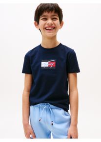 T-Shirt Tommy Hilfiger "TOMMY SCRIPT FLAG PRINT TEE SS", Jungen, Gr. 8 (128), blau (schwarz night navy), Single Jersey, Obermaterial: 100% Baumwolle, unifarben, regular fit h&uuml;ftlang, Rundhals, Shirts T-Shirt, f&uuml;r Kinder bis 16 Jahre, mit Logo-Print