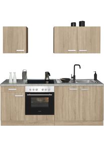 K&uuml;chenzeile Optifit "Leer Breite 210 cm", beige (k&uuml;che: natur, front: eiche hell, korpus: eiche hell, arbeitsplatte: marmor grau), B:210cm T:60cm, Komplettk&uuml;chen-Sets, K&uuml;chenzeile, mit Hanseatic-Ger&auml;ten, wahlweise mit Geschirrsp&uuml;ler
