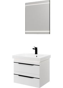 Badm&ouml;bel-Set SAPHIR "Balto 2-teilig Mineralmarmor-Waschtisch mit LED-Spiegel, Waschplatz", wei&szlig; (wei&szlig; hochglanz mit schwarzer einlage), B:64,4cm H:200cm T:46cm, Holzwerkstoff, Kastenm&ouml;bel-Sets, Badm&ouml;bel-Set, 64,4 cm breit, mit 2 Schubladen, Badschrank inkl. Schubladend&auml;mpfer