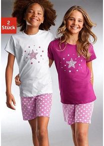 Pyjama Petite Fleur, M&auml;dchen, Gr. 122/128, lila (wei&szlig;, beere), Jersey, Obermaterial: 100% Baumwolle, bedruckt, Basic, l&auml;ssig geschnitten kurz, Rundhals, abgesteppte Kante, Homewear-Sets Pyjama, modischer Sternendruck auf den Shirts und Hosen, Topseller