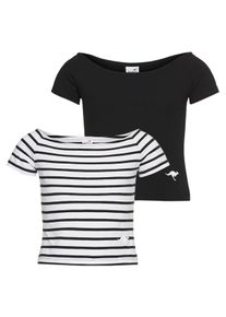 Carmenshirt Kangaroos "2er Pack T-Shirts", M&auml;dchen, Gr. 152/158, ringel, schwarz, Single Jersey, Obermaterial: 95% Baumwolle, 5% Elasthan, geringelt, eng taillenlang, Carmenausschnitt, Raglan&auml;rmel, Shirts Carmenshirt, 1x uni + 1x geringelt, Topseller