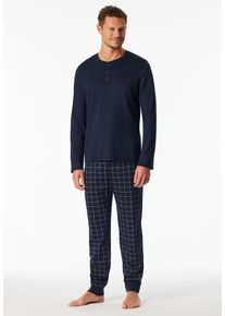 Pyjama Schiesser "Fine Interlock", Herren, Gr. 48, blau (804, blau), Interlock, Obermaterial: 100% Baumwolle, bequem lang, Rundhals, Homewear-Sets Pyjama, Rundhalsausschnitt mit Kopfleiste, lang&auml;rmelig, Komfortbund