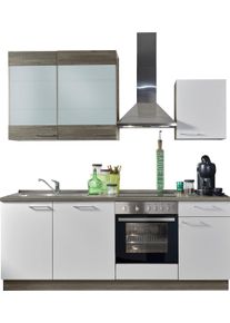 K&uuml;chenzeile KOCHSTATION "KS-Trea", wahlw. mit E-Ger&auml;ten & Geschirrsp&uuml;ler", wei&szlig; (k&uuml;che: wei&szlig;, korpus: eichefarben grau, arbeitsplatte: eichefarben grau), B:220cm T:60cm, Komplettk&uuml;chen-Sets, K&uuml;chenzeile, vormontiert, mit Vollauszug und Soft-Close-Funktion, Breite 220 cm