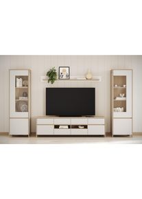 Wohnwand Home Affaire "Stranda, moderne Anbauwand, Komplettset im Scandi-Style", wei&szlig; (wei&szlig; skandi eiche), B:339cm H:195cm T:39cm, Holzwerkstoff, Kastenm&ouml;bel-Sets, Wohnwand, enth&auml;lt zwei Vitrinen, Lowboard und Wandboard, 344 cm breit