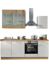 K&uuml;chenzeile KOCHSTATION "KS-Trea", wahlw. mit E-Ger&auml;ten & Geschirrsp&uuml;ler", wei&szlig; (k&uuml;che: natur, korpus: asteiche nachbildung, arbeitsplatte: asteiche nachbildung), B:220cm T:60cm, Komplettk&uuml;chen-Sets, K&uuml;chenzeile, vormontiert, mit Vollauszug und Soft-Close-Funktion, Breite 220 cm