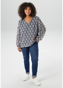 Schlupfbluse ANISTON PLUS, Damen, Gr. 48, blau (marine, wei&szlig;), Web, Obermaterial: 100% Polyester. Futter: 95% Viskose, 5% Elasthan, gemustert, figurumspielend Po-bedeckend, V-Ausschnitt, mit Gummizug, Blusen Schlupfbluse, mit grafischen Druck, Topseller
