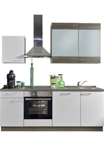 K&uuml;chenzeile KOCHSTATION "KS-Trea", wahlw. mit E-Ger&auml;ten & Geschirrsp&uuml;ler", wei&szlig; (k&uuml;che: wei&szlig;, korpus: eichefarben grau, arbeitsplatte: eichefarben grau), B:220cm T:60cm, Komplettk&uuml;chen-Sets, K&uuml;chenzeile, vormontiert, mit Vollauszug und Soft-Close-Funktion, Breite 220 cm