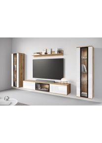 Wohnwand Home Affaire "Caro, stehend und h&auml;ngend montierbar", braun (eichefarben votan, wei&szlig; hochglanz), B:262cm H:142cm T:33cm, Holzwerkstoff, Kastenm&ouml;bel-Sets, Wohnwand, grifflose Design, h&ouml;henverstellbare Einlegeb&ouml;den
