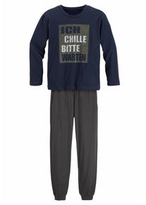 Pyjama AUTHENTIC LE JOGGER, Jungen, Gr. 146/152, grau (marine, anthrazit), Jersey, Obermaterial: 100% Baumwolle, bedruckt, Basic, l&auml;ssig geschnitten lang, Rundhals, abgesteppte Kante, Homewear-Sets Pyjama, Schlafanzug mit Spruch "Ich chille bitte warten"