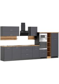 K&uuml;chenzeile KOCHSTATION "KS-Milan", k&uuml;che: grau, front: anthrazit, korpus: grafitgrau, arbeitsplatte: wotaneiche, B:390cm H:200cm T:60cm, Komplettk&uuml;chen-Sets, K&uuml;chenzeile, 390 cm breit, viel Stauraum, wahlweise mit E-Ger&auml;ten