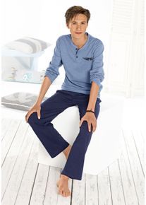 Pyjama AUTHENTIC LE JOGGER, Jungen, Gr. 170/176, blau (blau, meliert, marine), Jersey, Obermaterial: 100% Baumwolle, unifarben, Basic, l&auml;ssig geschnitten lang, Rundhals, abgesteppte Kante, Homewear-Sets Pyjama, in langer Form, Oberteil mit Knopfleiste