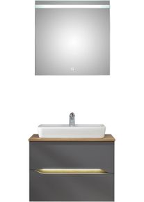 Badm&ouml;bel-Set SAPHIR "Quickset 2-teilig, Keramik-Aufsatzbecken mit LED-Spiegel", grau (quarzgrau matt touch, quarzgrau matt, akzent riviera eiche quer nb), Kastenm&ouml;bel-Sets, Badm&ouml;bel-Set, Waschplatz 73 cm breit, inkl. T&uuml;rd&auml;mpfer, 2 Schubladen