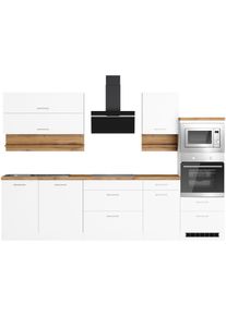 K&uuml;chenzeile KOCHSTATION "KS-Milan", k&uuml;che: wei&szlig;, front: wei&szlig;, korpus: wei&szlig;, arbeitsplatte: wotaneiche, B:300cm H:200cm T:60cm, Komplettk&uuml;chen-Sets, K&uuml;chenzeile, 300 cm breit, viel Stauraum, wahlweise mit E-Ger&auml;ten