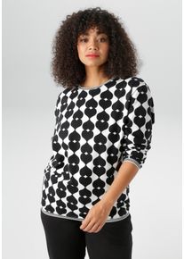 Sweatshirt ANISTON PLUS, Damen, Gr. 50, schwarz-wei&szlig; (schwarz, wei&szlig;), Single Jersey, Obermaterial: 95% Baumwolle, 5% Elasthan, bedruckt, figurumspielend Po-bedeckend, Rundhals, Rippb&uuml;ndchen, Sweatshirts Sweatshirt, mit gro&szlig;fl&auml;chigem, Herzdruck