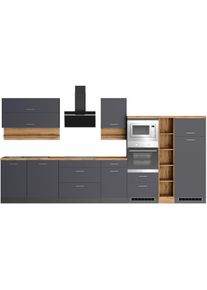 K&uuml;chenzeile KOCHSTATION "KS-Milan", k&uuml;che: grau, front: anthrazit, korpus: grafitgrau, arbeitsplatte: wotaneiche, B:390cm H:200cm T:60cm, Komplettk&uuml;chen-Sets, K&uuml;chenzeile, 390 cm breit, viel Stauraum, wahlweise mit E-Ger&auml;ten