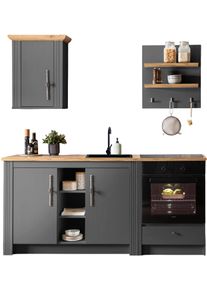 K&uuml;chenzeile OTTO HOME "KS-Westminster, Pantryk&uuml;che im Landhaus Stil, hochwertige Metallgriffe", grau (k&uuml;che: grau, korpus: grau dunkel, arbeitsplatte: eiche wotanfarben), B:194cm H:200cm T:60cm, Komplettk&uuml;chen-Sets, K&uuml;chenzeile, Breite 194 cm, Kommode, Wandpaneel, H&auml;ngeschrank und Herdumbau