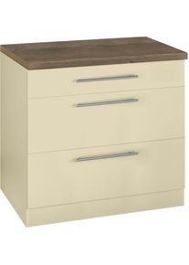 Wiho-K&uuml;chen Unterschrank WIHO K&Uuml;CHEN "Unna", beige (front und korpus: magnolia, arbeitsplatte: eiche tabak), B:90cm H:85cm T:60cm, Schr&auml;nke, Unterschrank, 90 cm breit, mit 2 gro&szlig;en Ausz&uuml;gen