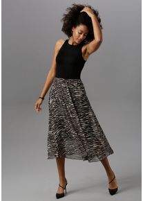 Partykleid Aniston SELECTED, Damen, Gr. 38, N-Gr, schwarz (schwarz, sand), Jersey, Obermaterial: 95% Viskose, 5% Elasthan. Chiffon: 100% Polyester. Futter: 95% Viskose, 5% Elasthan. Rock: 100% Polyester, gemustert, festlich, figurbetont wadenlang, Rundhals, Kleider Partykleid, im Animal-Print, Topseller