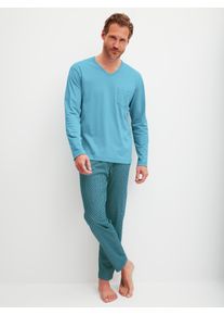 Schlafanzug Calida "Relax Streamline 1", Damen, Gr. L (52/54), retro blau, Interlock, Obermaterial: 100% Baumwolle, bequem lang, V-Ausschnitt, Homewear-Sets Schlafanzug, mit praktischem V-Ausschnitt