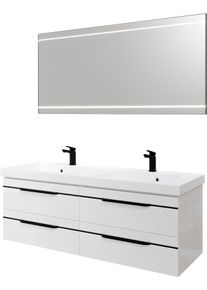Badm&ouml;bel-Set SAPHIR "Balto 2-teilig Mineralmarmor-Doppelwaschtisch mit LED-Spiegel", wei&szlig; (wei&szlig; hochglanz mit schwarzer einlage), B:150cm H:200cm T:50,8cm, Holzwerkstoff, Kastenm&ouml;bel-Sets, Badm&ouml;bel-Set, Waschplatz 150 cm breit, 4 Schubladen, inkl. Schubladend&auml;mpfer