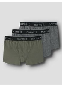Trunk name it "NKMBOXER 3P", M&auml;dchen, Gr. 110, 3 Stk., Jersey, grau (tea leaf pack:w, 2 x dunkelgrau melange), Jersey, Obermaterial: 95% Baumwolle, 5% Elasthan, meliert, eng, Unterhosen Trunk, eng, Jersey, Logoschriftzug, angesetztes B&uuml;ndchen
