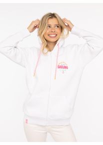 Kapuzensweatjacke Zwillingsherz "Sailing Club", Damen, Gr. S/M, wei&szlig;, angeraute Sweatware, Obermaterial: 50% Baumwolle, 50% Polyester, Sweatjacken Kapuzensweatjacke, Kapuzensweatjacke mit gro&szlig;er SAILING Applikation am R&uuml;cken und Tasche