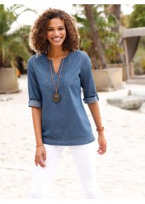 Jeansbluse Casual Looks, Damen, Gr. 42, blau (blau, stone, washed), 100% Baumwolle, unifarben, Rundhals, Blusen Jeansbluse