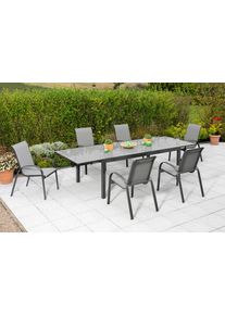 Garten-Essgruppe Merxx "Amalfi", grau (anthrazit, anthrazit, grafit), Polyester, Aluminium, Polyester, Sicherheitsglas, Sitzm&ouml;bel-Sets, Garten-Essgruppe, 6 Stapelsessel, Ausziehtisch 110x 200-300 cm