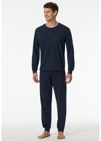 Schlafanzug Schiesser "Comfort Essentials", Herren, Gr. 60, blau (803, dunkelblau), Single Jersey, Obermaterial: 100% Baumwolle, gestreift, unifarben, regular fit lang, Rundhals, Homewear-Sets Schlafanzug, mit gestreiftem Oberteil