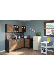 K&uuml;che KOCHSTATION "KS-Mali", braun (k&uuml;che: natur, front: wotaneiche, korpus: grau, arbeitsplatte: anthrazit), B:210cm H:200cm T:60cm, Komplettk&uuml;chen-Sets, K&uuml;che, Stellbreite 210/110 cm, mit E-Ger&auml;ten
