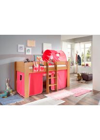 Hochbett Relita "Andi", pink (buche dekor natur pink, rosa), H:107cm, Spanplatte: Buche Nachbildung Melamin natur;Stoff: 100% Baumwolle (bei 30 C waschbar), Hochbetten, Hochbett, mit Rolllattenrost, Textil-Set und Leiter, pflegel. Dekor Oberfl&auml;che