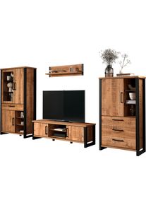 Wohnwand Home Affaire "Elda", mango, schwarz, B:389cm H:195cm T:45cm, Holzwerkstoff, MDF, Metall, Kastenm&ouml;bel-Sets, Wohnwand, Set bestehend aus: TV Lowboard, Vitrine, Wandboard,Highboard
