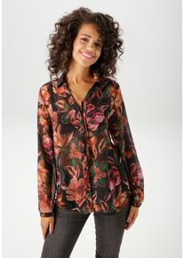 Hemdbluse Aniston CASUAL, Damen, Gr. 48, bunt (schwarz, dunkelgr&uuml;n, apricot, rostorange, rosa, fuchsia, orange, braun, hellbraun, beige), Georgette, Obermaterial: 100% Polyester, bedruckt, gebl&uuml;mt, leicht transparent, l&auml;ssig geschnitten h&uuml;ftbedeckend, V-Ausschnitt, 1-Knopf-Manschette, Blusen Hemdbluse, mit kunstvollem, gro&szlig;fl&auml;chigen Bl&uuml;ten bedruckt